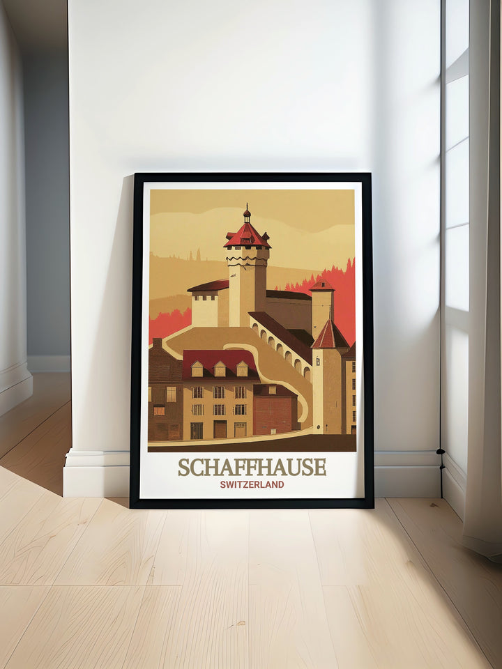 Schaffhausen travel art with Munot Fortress. This poster captures the fortresss scenic surroundings and architectural details. Perfect for travel enthusiasts and history buffs. Adds a unique and sophisticated touch to home or office decor.