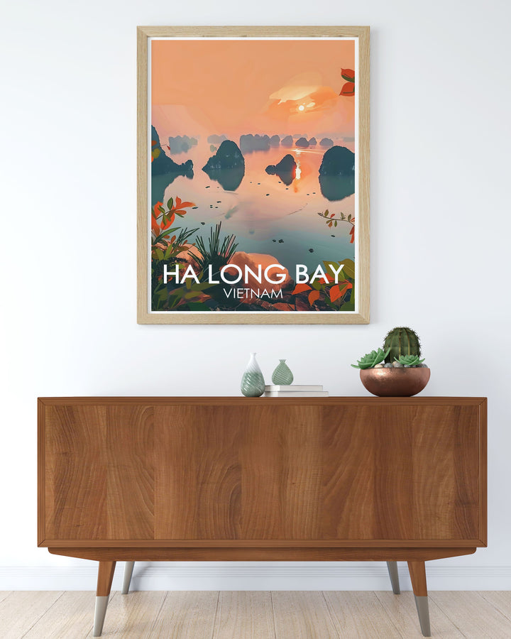 Showcasing the scenic beauty of Ha Long Bay, this travel poster captures the serene and majestic allure of Vietnams famous seascape, bringing a piece of its wonder into your home.