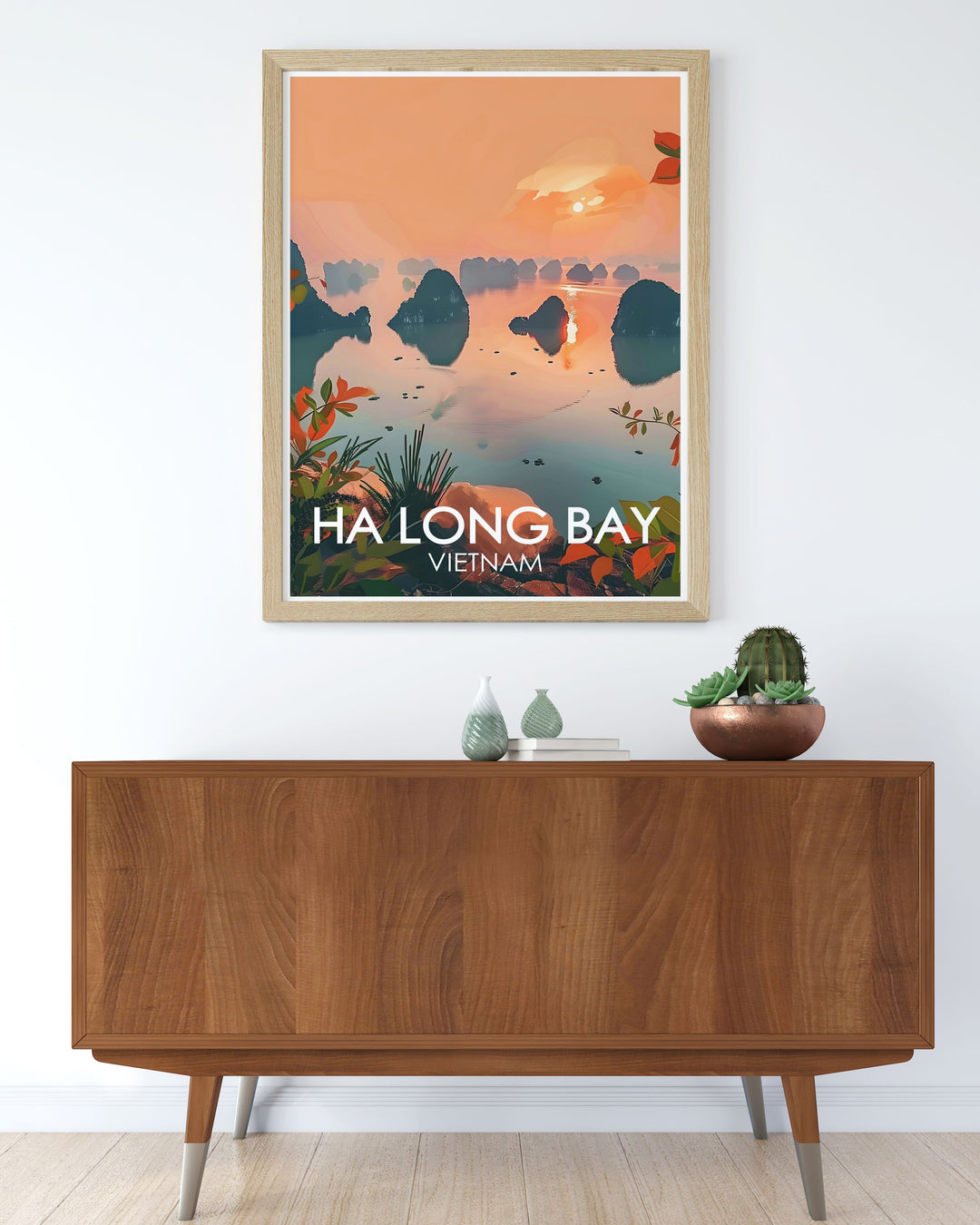 The Ha Long Bay Framed Art showcases the ethereal beauty of Dragon Tails Island against the backdrop of Vietnams emerald waters. This vibrant print is ideal for adding a peaceful, exotic touch to your home or office space.