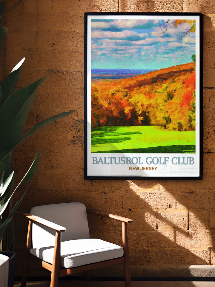 Baltusrol Golf Club Poster highlighting the elegant clubhouse and rolling fairways of Baltusrol, complemented by the lush trails of South Mountain Reservation. This print captures the spirit of both landmarks, making it an ideal piece for adding a touch of New Jerseys beauty to your home or office decor.