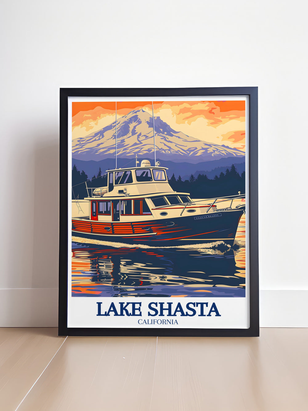 A detailed poster print of Lake Shasta, capturing the calm waters and surrounding mountains in Northern California. This print is perfect for anyone who loves outdoor adventures, camping, or exploring nature. The artwork brings the scenic beauty of Californias largest reservoir into your living room.