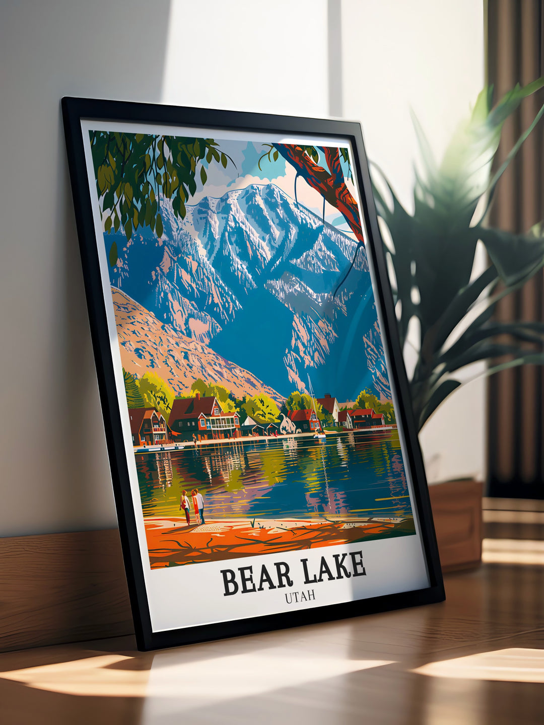 Captivating vintage poster of Bear Lake and the Wasatch Mountains, offering a timeless depiction of this stunning landscape, ideal for those who appreciate the natural beauty of Bear Lake State Park