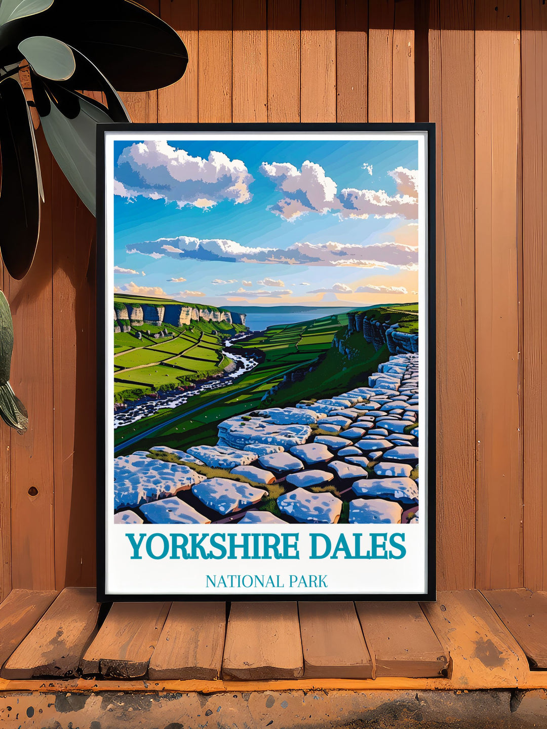 This Yorkshire Dales print features Malham Cove along with the Ribblehead Viaduct and Flying Scotsman offering a perfect blend of natural beauty and historic charm making it a must have for fans of Yorkshire travel and National Park posters.