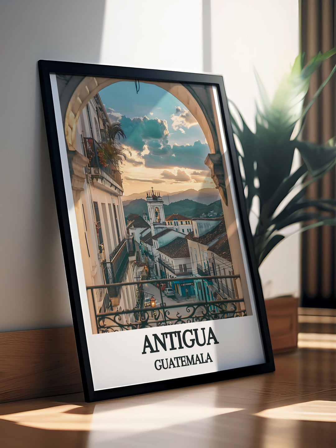 Framed Antigua Guatemala Cathedral poster featuring a detailed black and white street map design ideal for modern home decor or as a unique anniversary or holiday gift