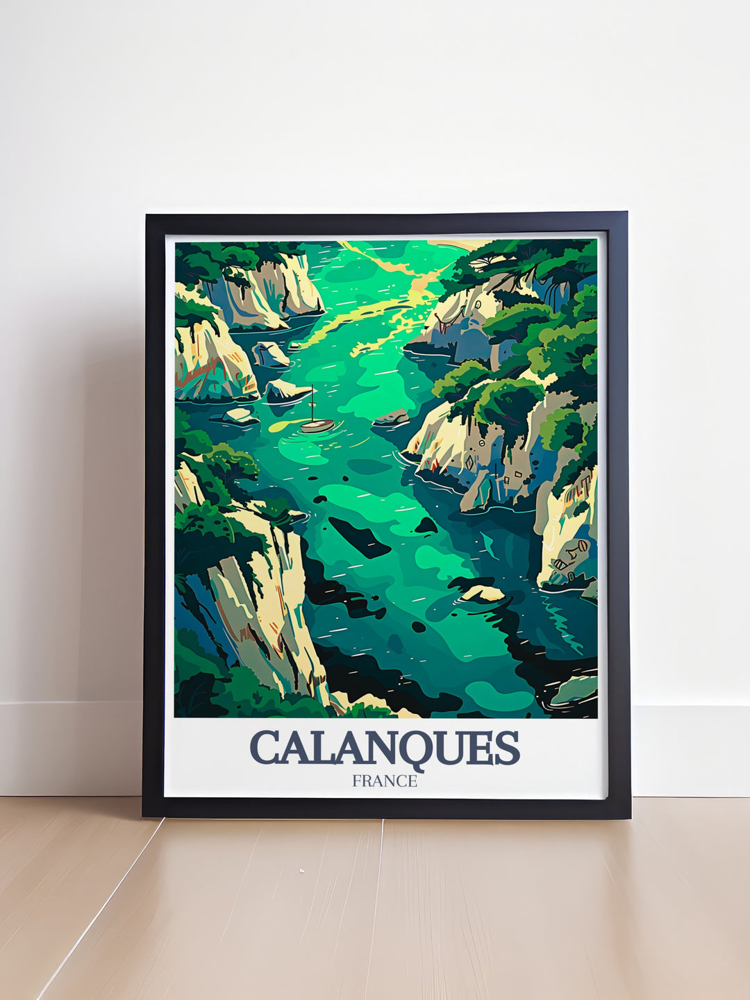 Enhance your living room decor with this stunning Calanques poster showcasing Calanque de Sormiou and Calanque de Morgiou with vibrant colors capturing the Mediterranean beauty of Southern France making it the perfect addition to your art and collectibles collection.