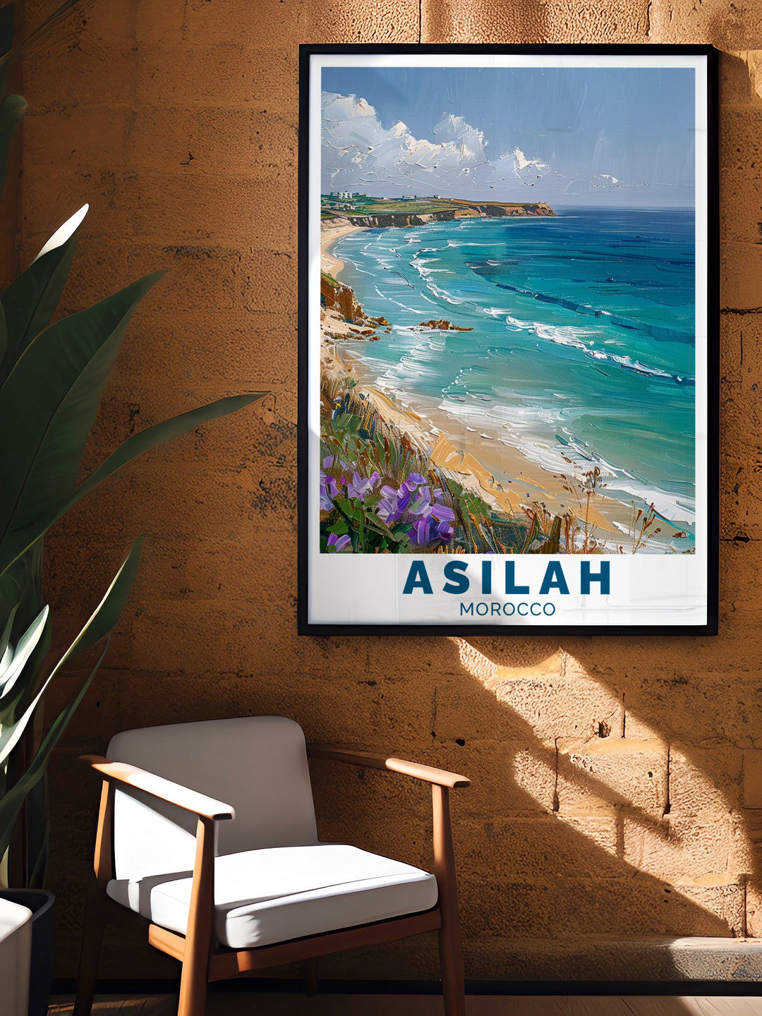 Moroccan Wall Decor Asilah This decor piece highlights the intricate beauty of Asilahs medina and its stunning coastal setting. The artwork offers a unique blend of Moroccan architecture and beachside serenity, making it the perfect decor choice for anyone looking to incorporate Moroccan elements into their home or office.