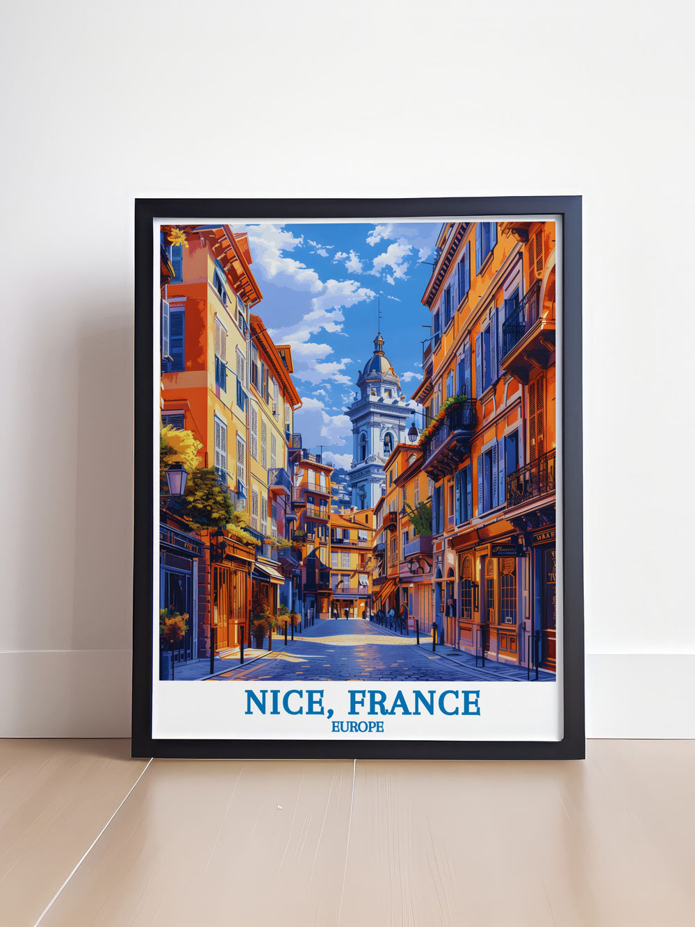 Featuring the historic Vieux Nice in France, this travel poster brings to life the charming architecture, colorful streets, and lively marketplaces, making it a perfect addition to any collection of French art.
