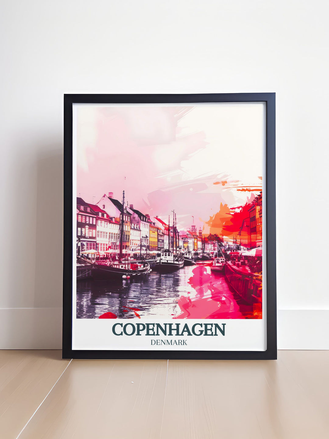 Nyhavn Indre By comes to life in this beautiful Copenhagen Art Print highlighting the bustling waterfront and colorful facades of historic buildings a wonderful gift for anyone who loves travel and unique artistic expressions of iconic destinations.
