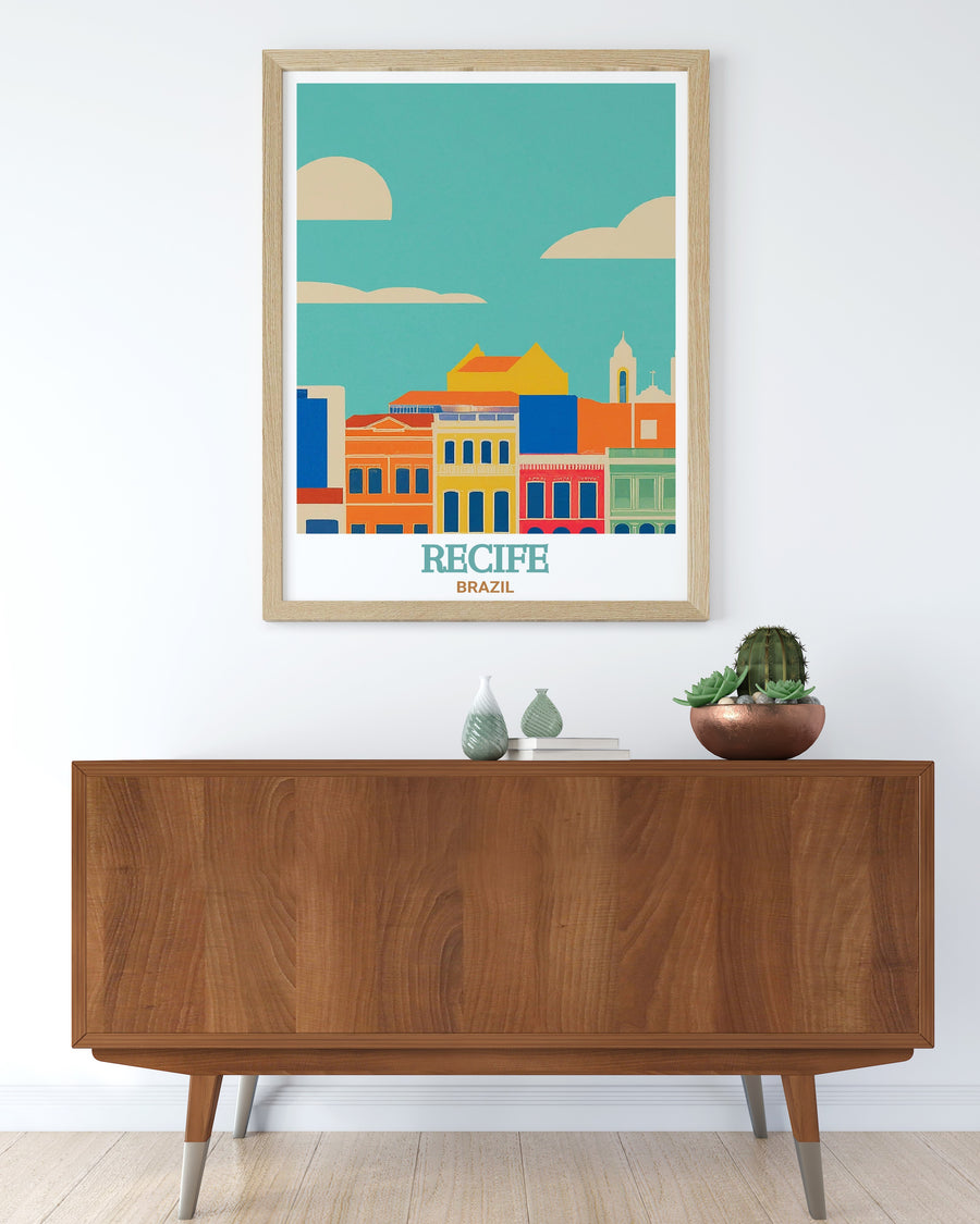 Vibrant Recife Antigo poster print showcasing the colorful colonial architecture of this historic district in Brazil. This stunning artwork captures the charm of Recifes oldest neighborhood, perfect for those looking to add a touch of Brazilian history to their home decor.