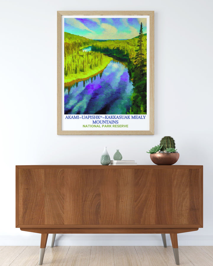 This travel poster of Newfoundlands Mealy Mountains captures the rugged, untouched wilderness of Akami−Uapishkᵘ National Park Reserve. Perfect for anyone who appreciates the beauty of nature and the Canadian outdoors.