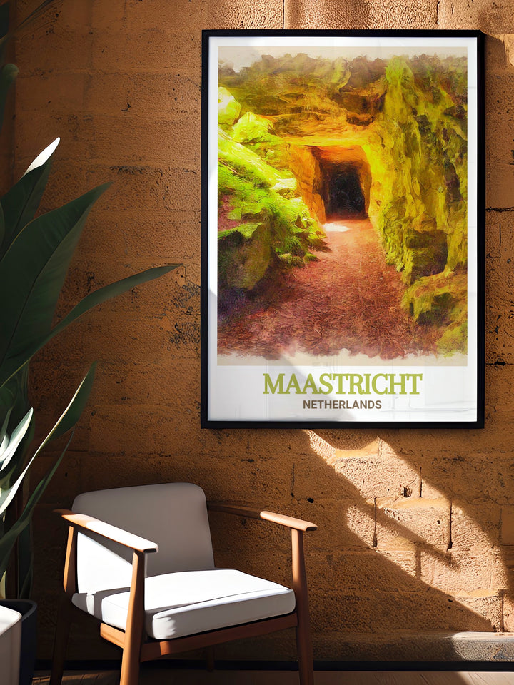 Netherlands Wall Art showcasing the St. Pietersberg Caves in Maastricht. This framed art print offers a glimpse into the historical significance of the caves, making it an excellent Netherlands Gift. The high quality print ensures that the vibrant colors and fine details will last for years, adding a touch of history to any room