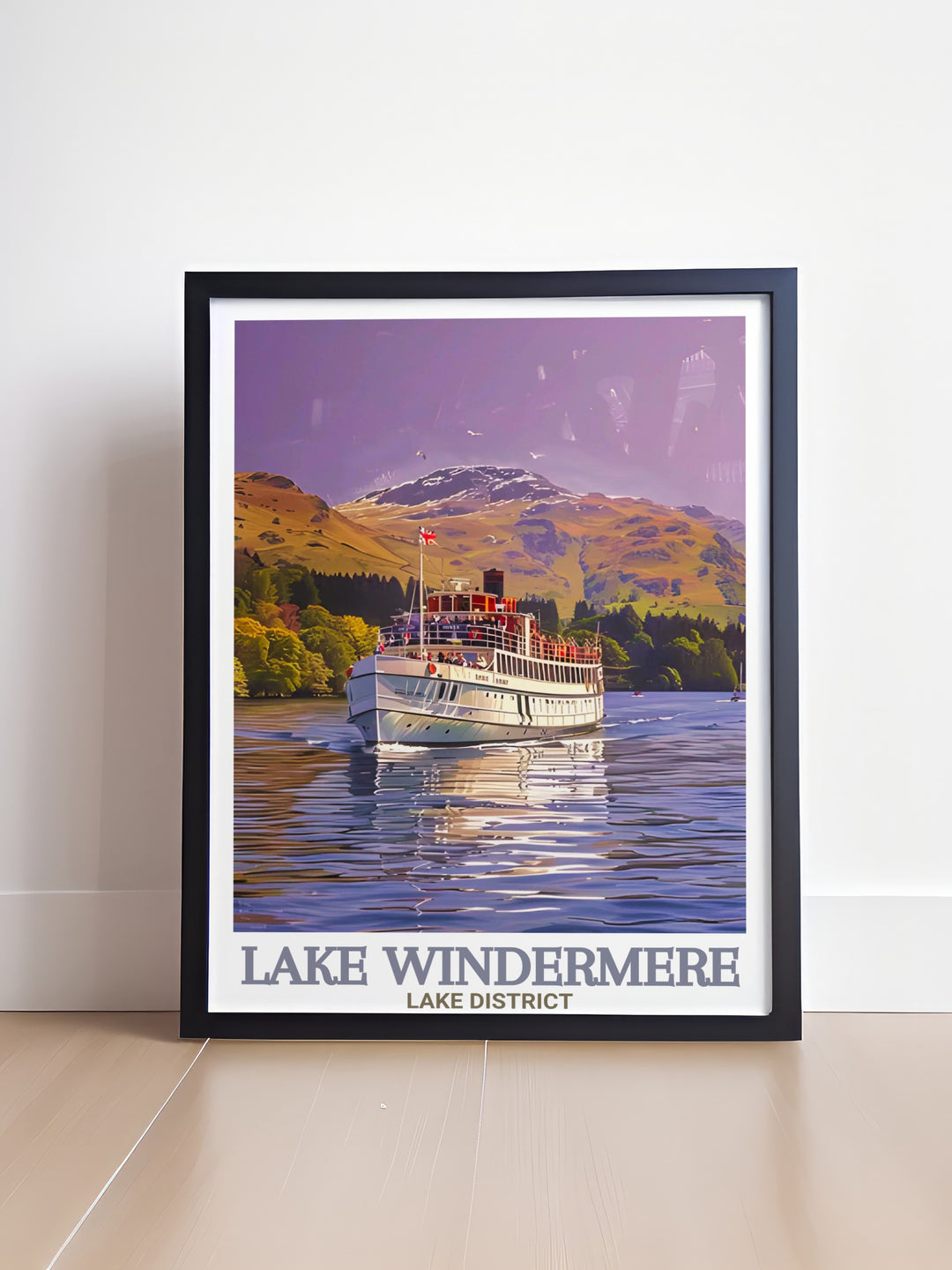 Windermere Lake Cruise Framed Art highlights the scenic beauty of Lake Windermere, with its tranquil waters and surrounding hills. This travel poster is ideal for those who enjoy the peace and beauty of nature, bringing the charm of the Lake District into their living space.