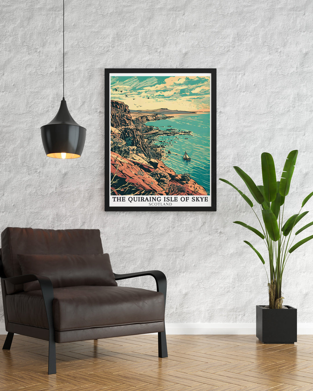 Captivating artwork of The Quiraing Isle of Skye highlighting the striking rock formations of Trotternish Ridge and the serene views of Staffin Bay a beautiful choice for wall art lovers and adventure enthusiasts.