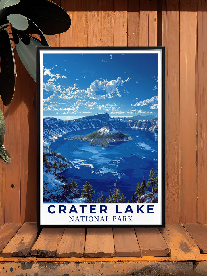 Exquisite Crater Lake decor showcasing the dramatic caldera and deep blue waters. Perfect for nature lovers these National Park Gifts include Crater Lake Posters and prints that bring the beauty of Crater Lake into any room.