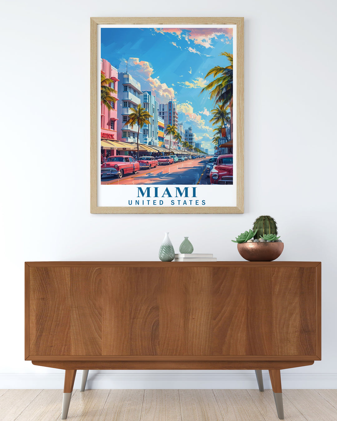 This Miami Poster Print showcases the vibrant colors and iconic architecture of Miamis Art Deco District. With geometric lines and pastel hues, this travel print captures the lively atmosphere of Miami Beach, making it a perfect addition to any home decor or office space.