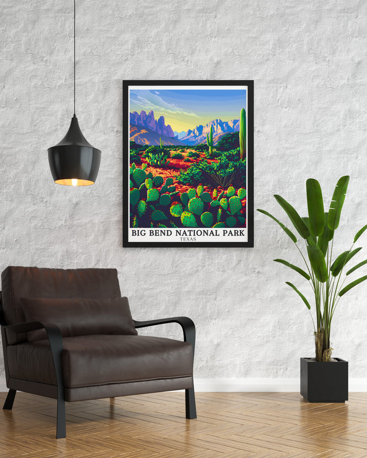 Big Bend Poster with the Chihuahuan Desert and Chisos Mountains in Texas USA offers a vivid portrayal of these iconic landscapes making it a must have for anyone who appreciates retro travel prints and the majesty of American national parks