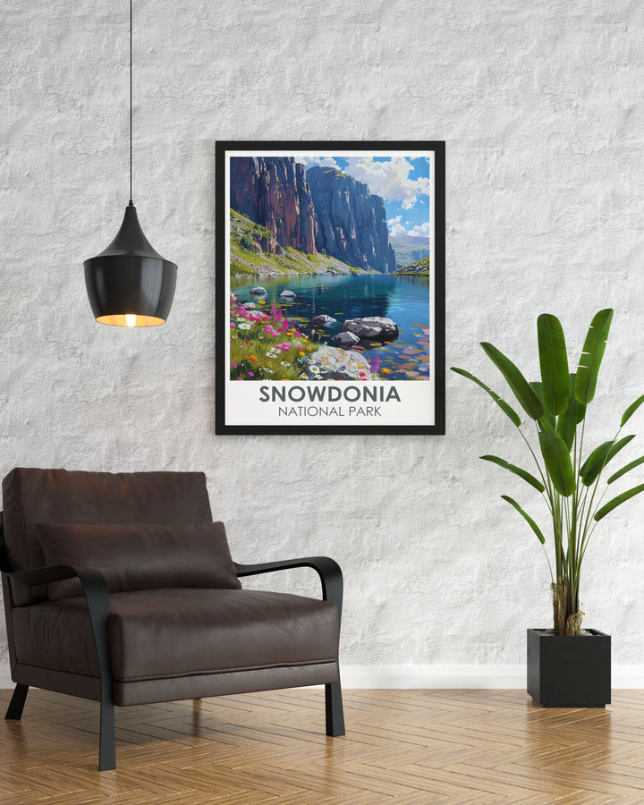 Cwm Idwal travel poster capturing the majesty of this iconic location within Snowdonia National Park a must have for nature lovers and home decor enthusiasts who appreciate stunning landscapes