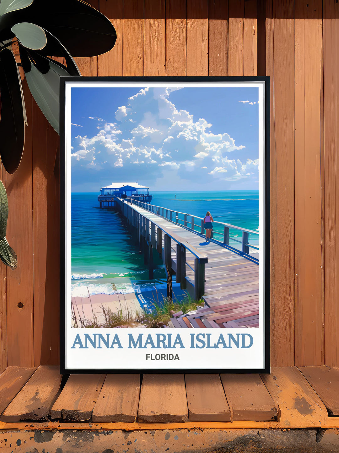 Enhance your home decor with this Florida travel print of Anna Maria City Pier. This city art print adds a modern and elegant touch to any living space bringing the warmth and calm of the islands coastal scene into your home.