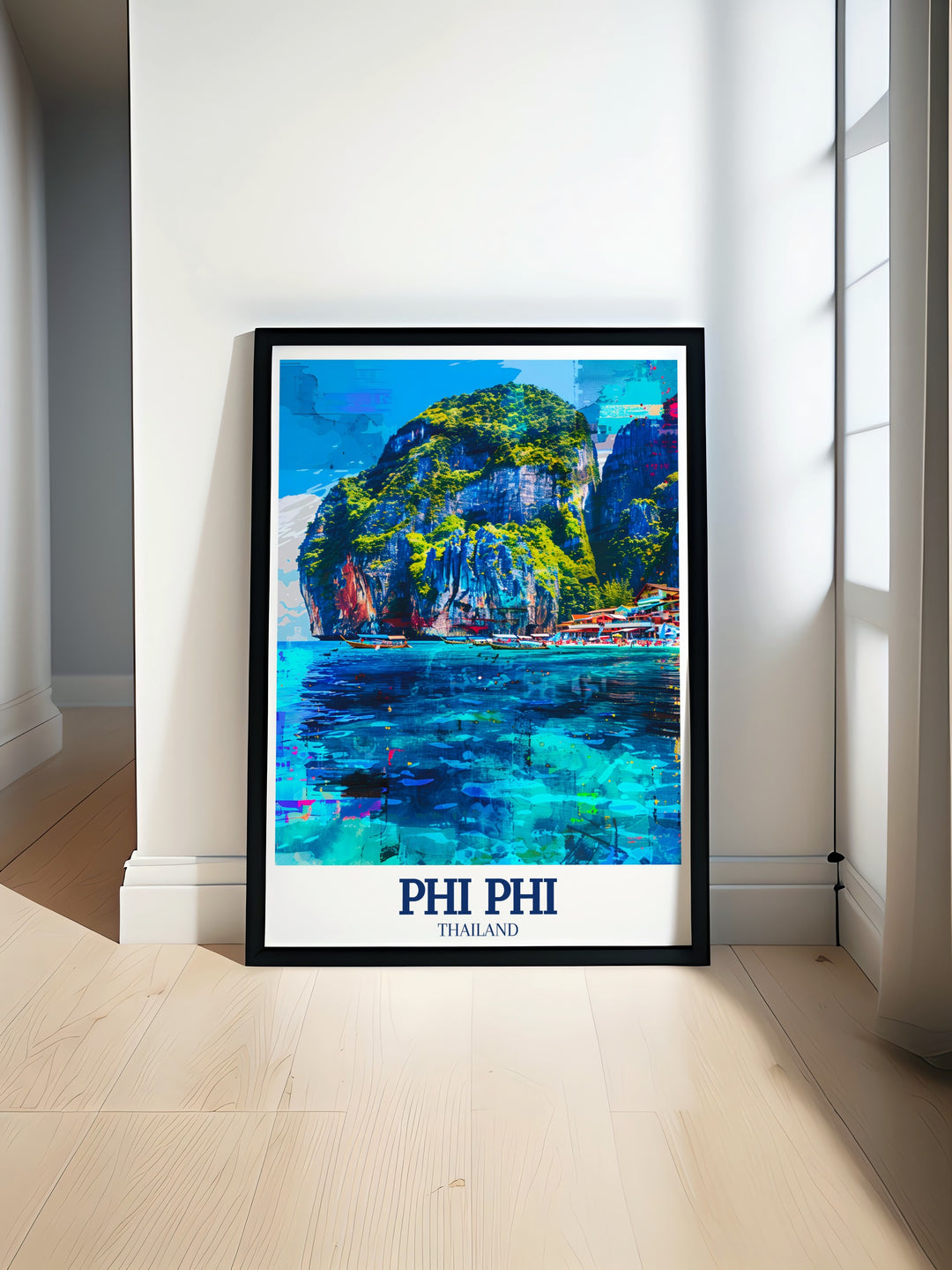 Transform your space with this beach travel poster, capturing the serene blue waters of Tonsai Bay and the towering cliffs of Phi Phi Leh. Perfect for tropical decor enthusiasts and travel lovers.