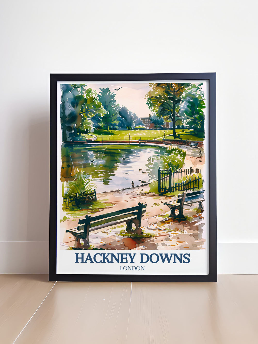 Highlighting the historic and natural beauty of Clapton Pond, this travel poster captures the peaceful landscapes and community spirit of Hackney, ideal for your home decor.