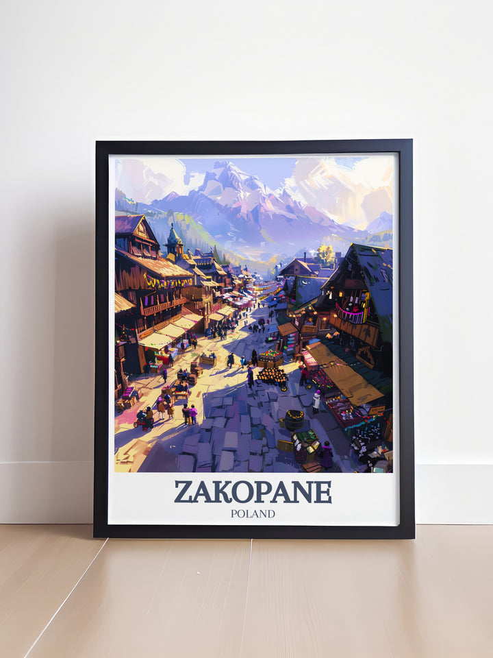 Krupowki Street and Kasprowy Wierch Artwork featuring detailed and colorful depictions of Zakopane making it an excellent choice for enhancing your homes aesthetic or for giving as a special gift.