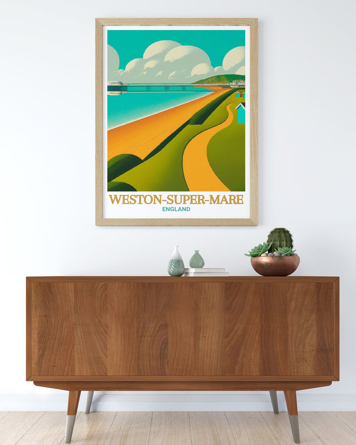 Weston Super Mare Beach wall poster showcases the scenic beauty of one of the UKs most iconic seaside towns. Perfect for beach lovers and fans of vintage travel art, this print brings the charm of Weston Super Mare into any space.