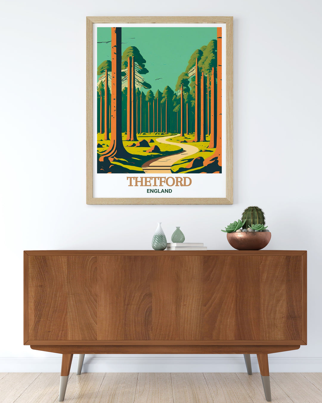 Discover the peaceful charm of Thetford Forest Park with this vintage style poster. The artwork highlights the serene beauty of the forest, making it a perfect addition to any space that values nature and relaxation