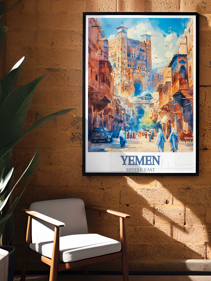 Beautiful Yemen Painting of Sanaas Al Jami al Kabir mosque and Bab Al Yaman adds a unique cultural touch to your space ideal for vintage art lovers and gift givers