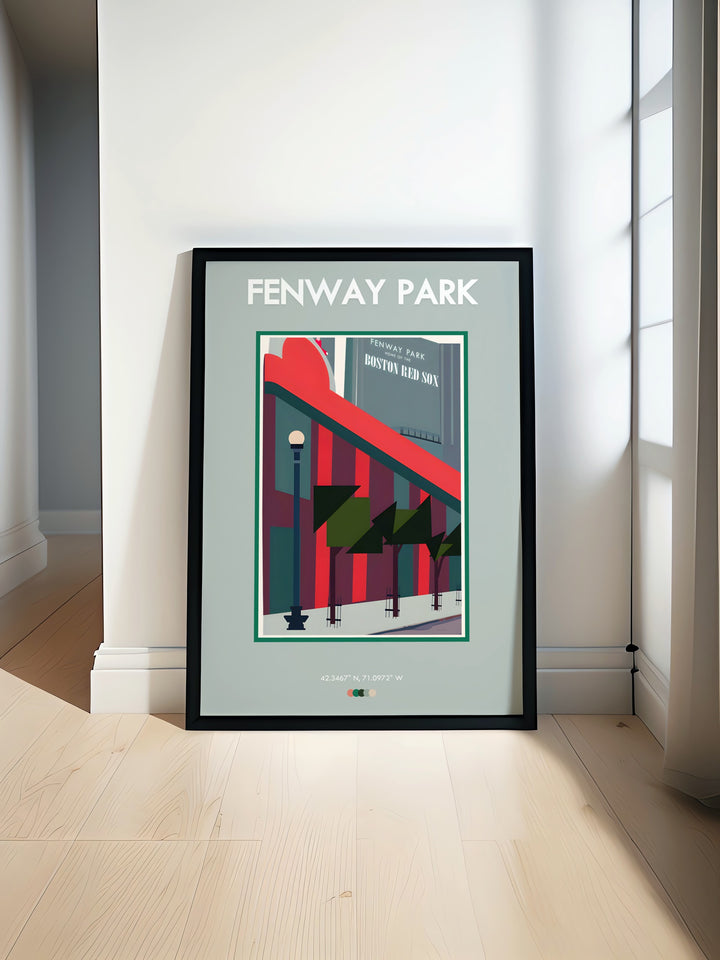 Fenway Park Poster showcasing the iconic stadium in vibrant detail perfect for any Red Sox fan or baseball enthusiast looking to celebrate their love for the game with stunning Red Sox Wall Art that captures the spirit and history of Fenway Park.