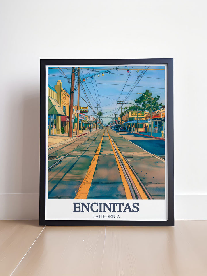 Vibrant Encinitas poster depicting Downtown Encinitas Coast Highway 101 highlighting the scenic beauty and lively atmosphere of this iconic coastal town making it an ideal choice for wall art and personalized gifts