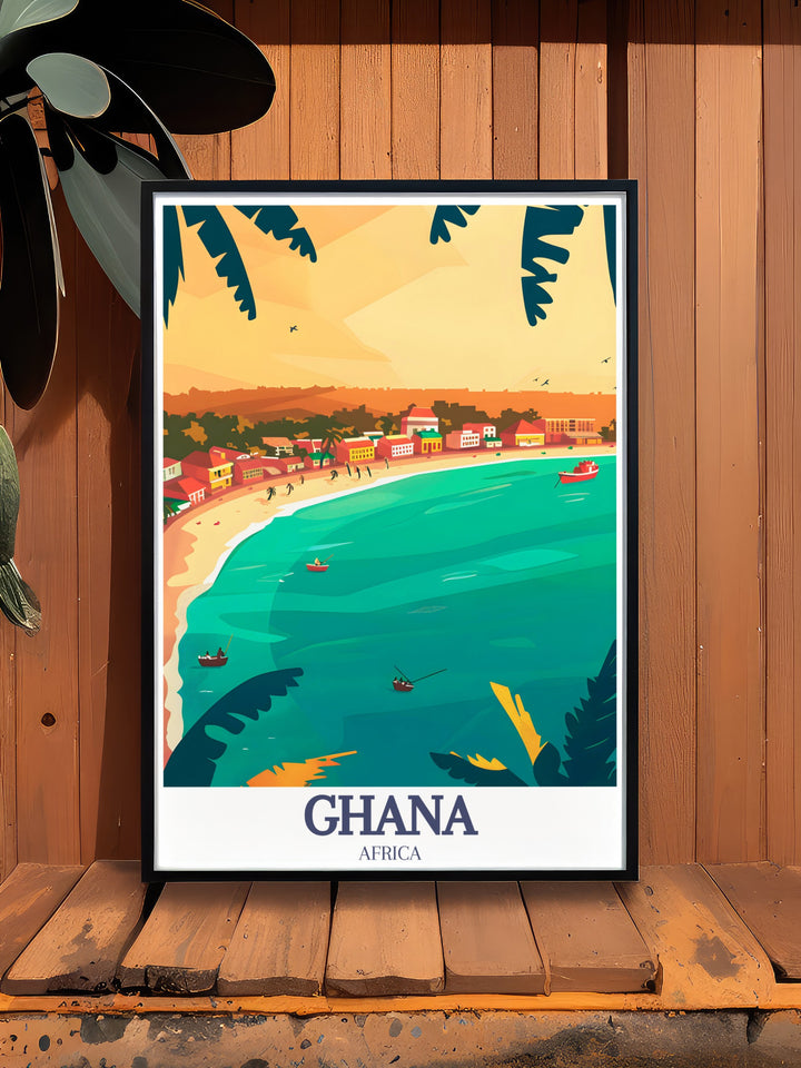 Experience the vibrant energy of Accra, Ghanas capital, with this travel poster featuring both the bustling city and the relaxing Labadi Beach. Perfect for home décor or as a gift for someone who loves African destinations.