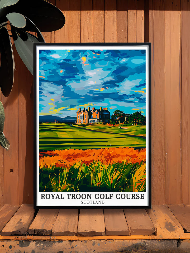 Golf artwork of Royal Troon featuring Marine Troon and the Ayrshire coastline this print is perfect for any golf lover or as a unique gift for golfers the stunning views of the Scottish Highlands and legendary courses like Royal Dornoch make it truly special