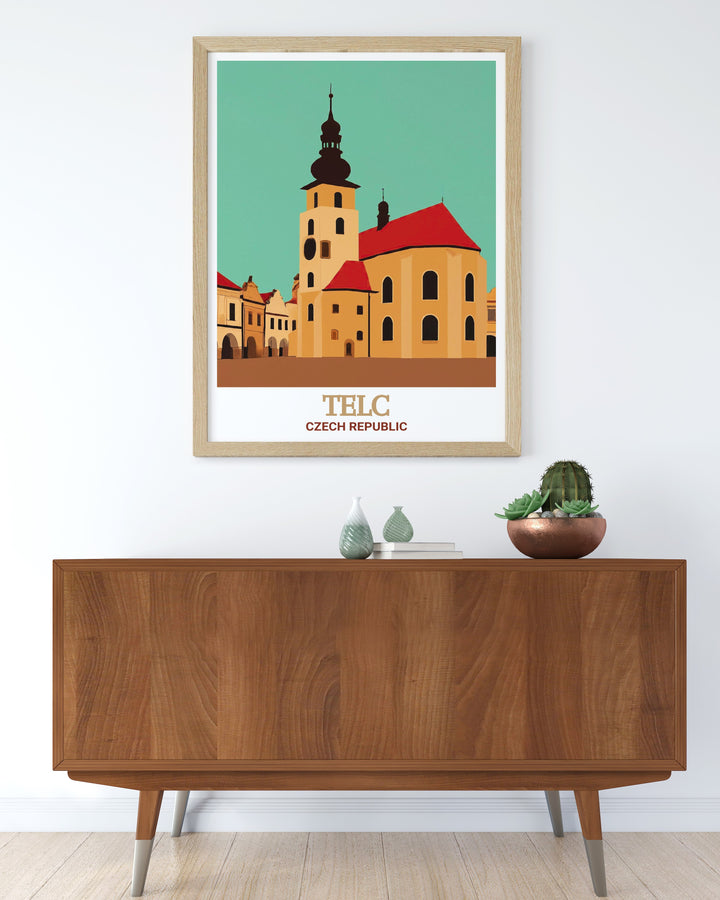 Discover the picturesque beauty of Telc with this vintage style poster featuring St. James Church. The artwork reflects the towns historic charm and architectural elegance, offering a perfect blend of history and art for your home or office