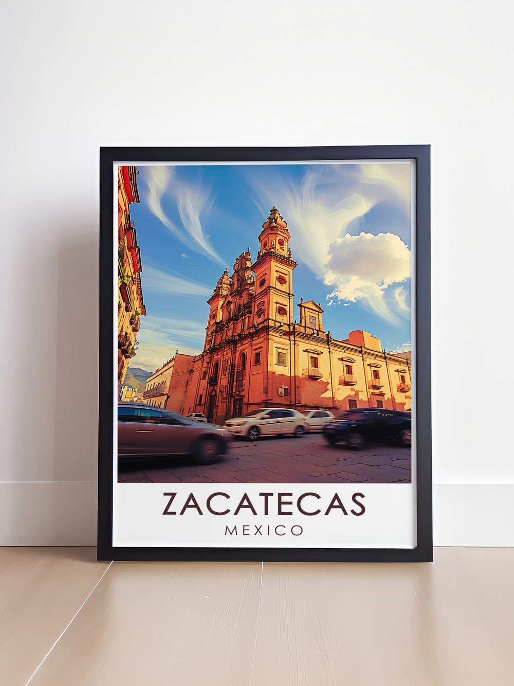 A Zacatecas vintage poster that honors the beauty of its cathedral while celebrating the citys unique cultural heritage. This travel print serves as a reminder of the incredible sights found in this historic area.