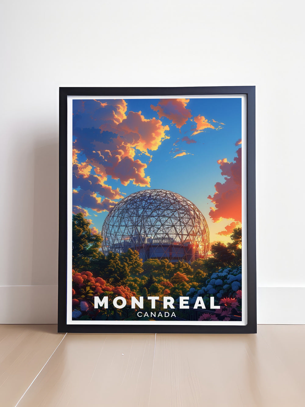 Canada Travel Poster highlighting the BioSphere in Montreal. This stunning poster captures the essence of Canadian architecture and is perfect for adding a piece of history to your home.