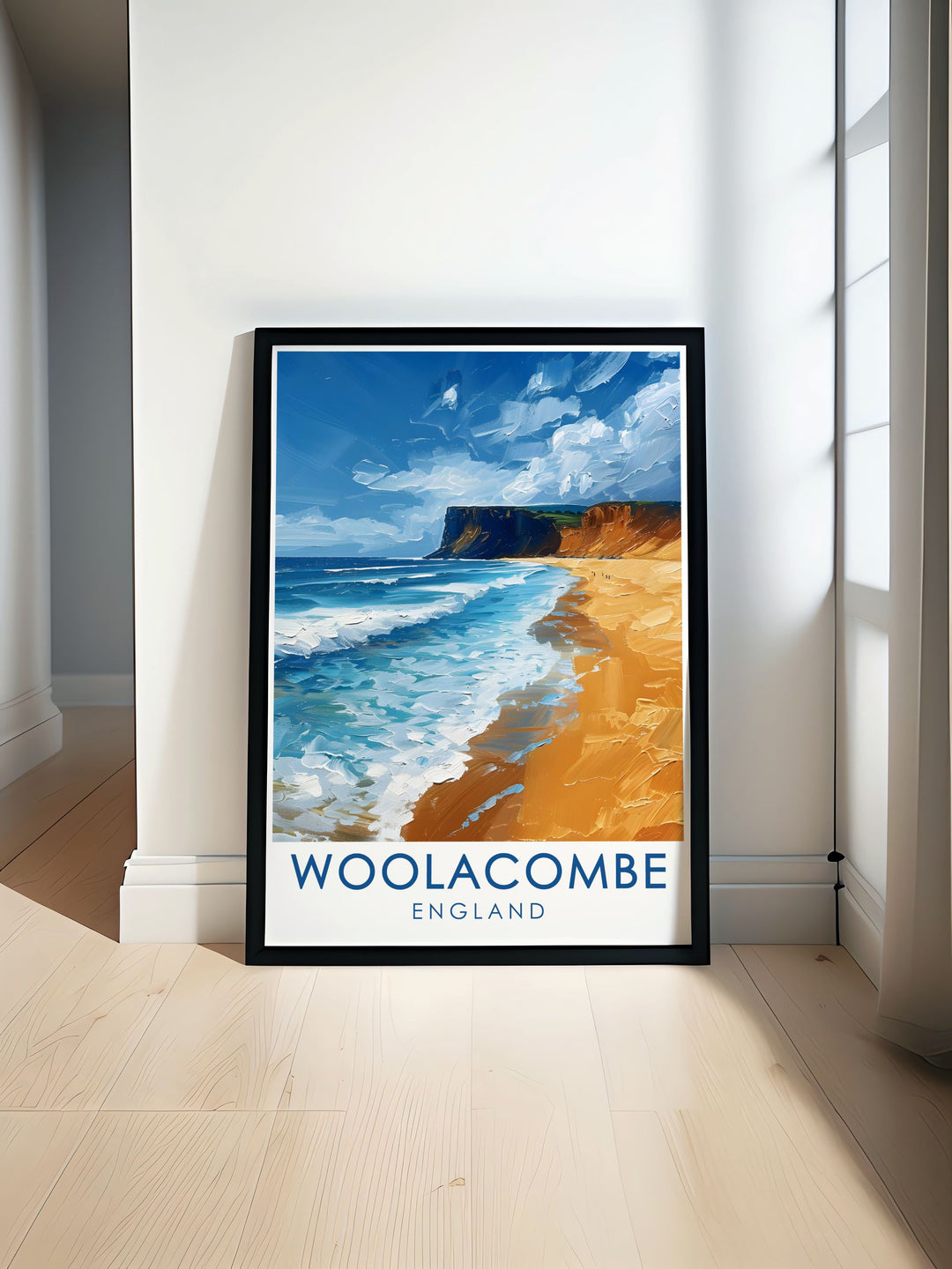 Stunning Woolacombe Beach art print featuring the serene beauty of Devon perfect for modern home decor and living room decoration ideal gift for anyone who loves coastal landscapes and the peaceful ambiance of Woolacombe