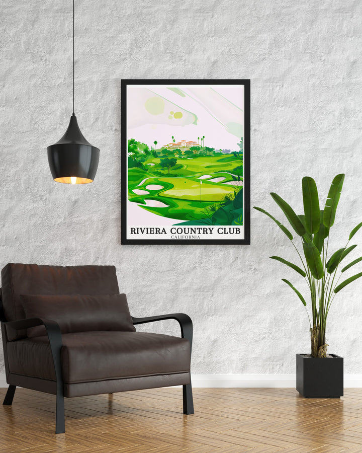 Featuring the iconic Riviera Country Club, this poster highlights the courses famous 18th Hole and the majestic Riviera Club House, set against the backdrop of Pacific Palisades. The perfect wall art for golf enthusiasts or those with a love for sports history.