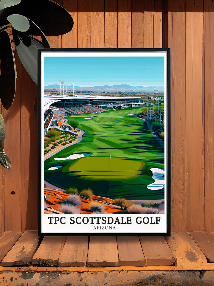 TPC Scottsdale canvas art featuring the famous Stadium Course, with its lush fairways and stunning desert views. This artwork is a perfect gift for golfers and those who appreciate the beauty of Arizonas natural landscapes.