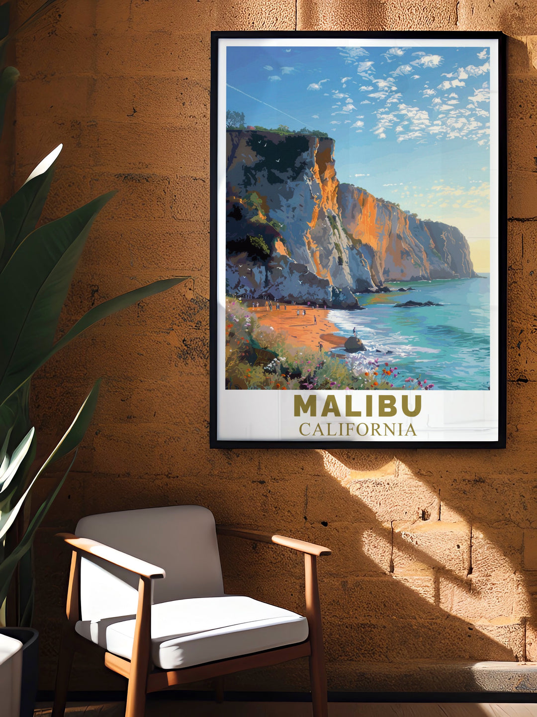 This Malibu travel poster showcases the striking cliffs of Point Dume, set against the backdrop of the Pacific Ocean. Perfect for gifting or decorating, this print brings a piece of Californias coastline into any room.