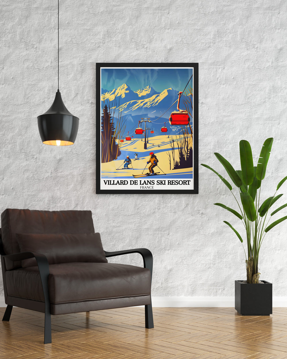 Retro Ski Print of Villard de Lans in the French Alps showcases the Espace Villard de Lans Corrençon ski area and the stunning Vercors mountains capturing the charm of vintage ski culture ideal for adding style to your living room or office space.