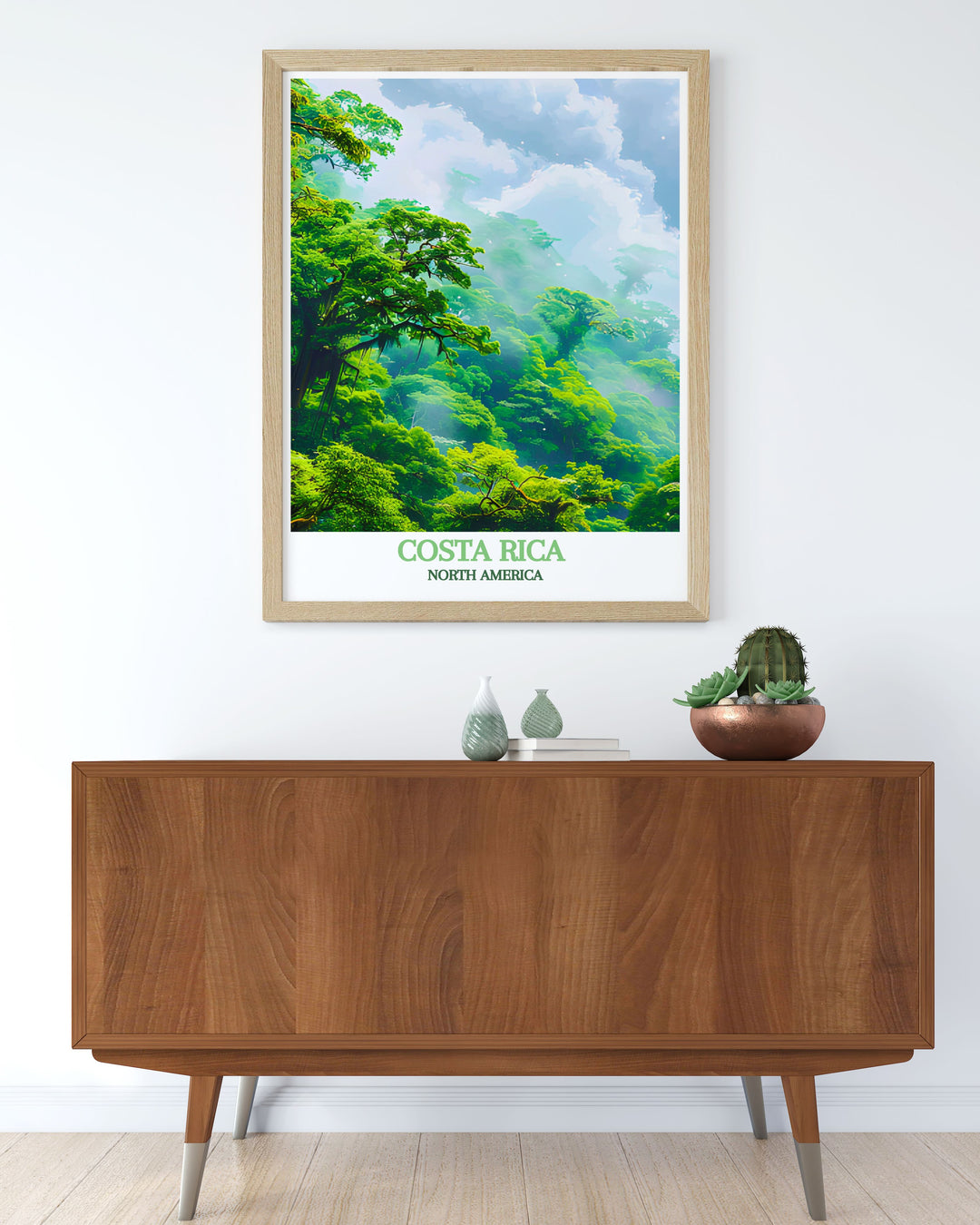 Beautiful Costa Rica travel poster capturing the scenic beauty of Monteverde Cloud Forest and the tranquil vibe of Saint Teresa, perfect for enhancing your home or office with Costa Ricas iconic landscapes.