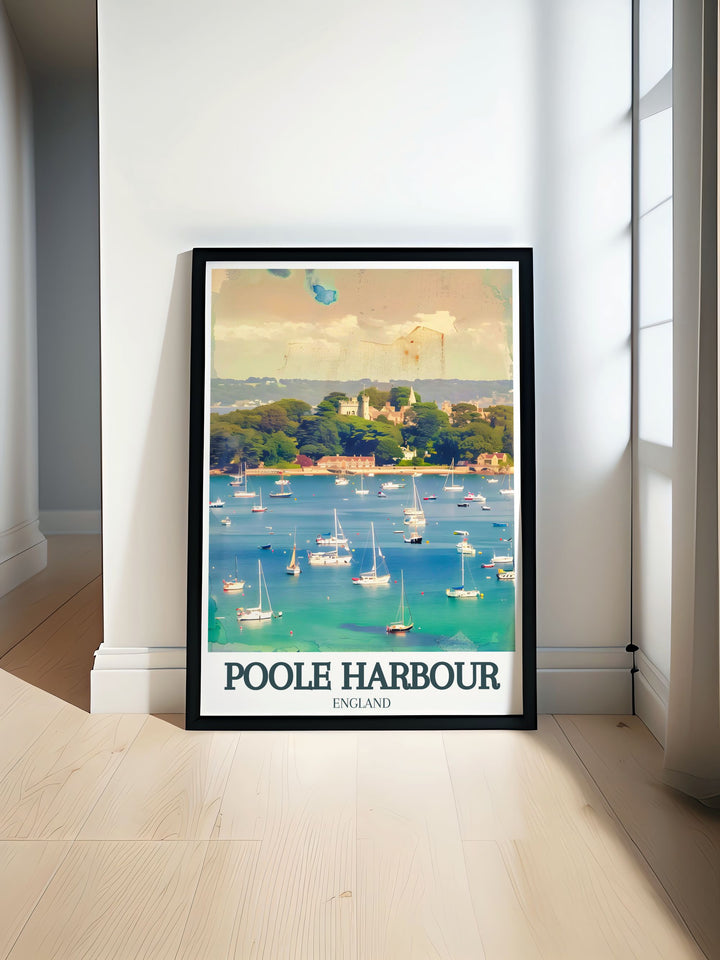 England Poole Harbour poster showcasing the tranquil beauty of Brownsea Island and Sandbanks Beach perfect for adding elegance to any home decor an ideal gift for travel lovers and art enthusiasts capturing the iconic scenery of this stunning location