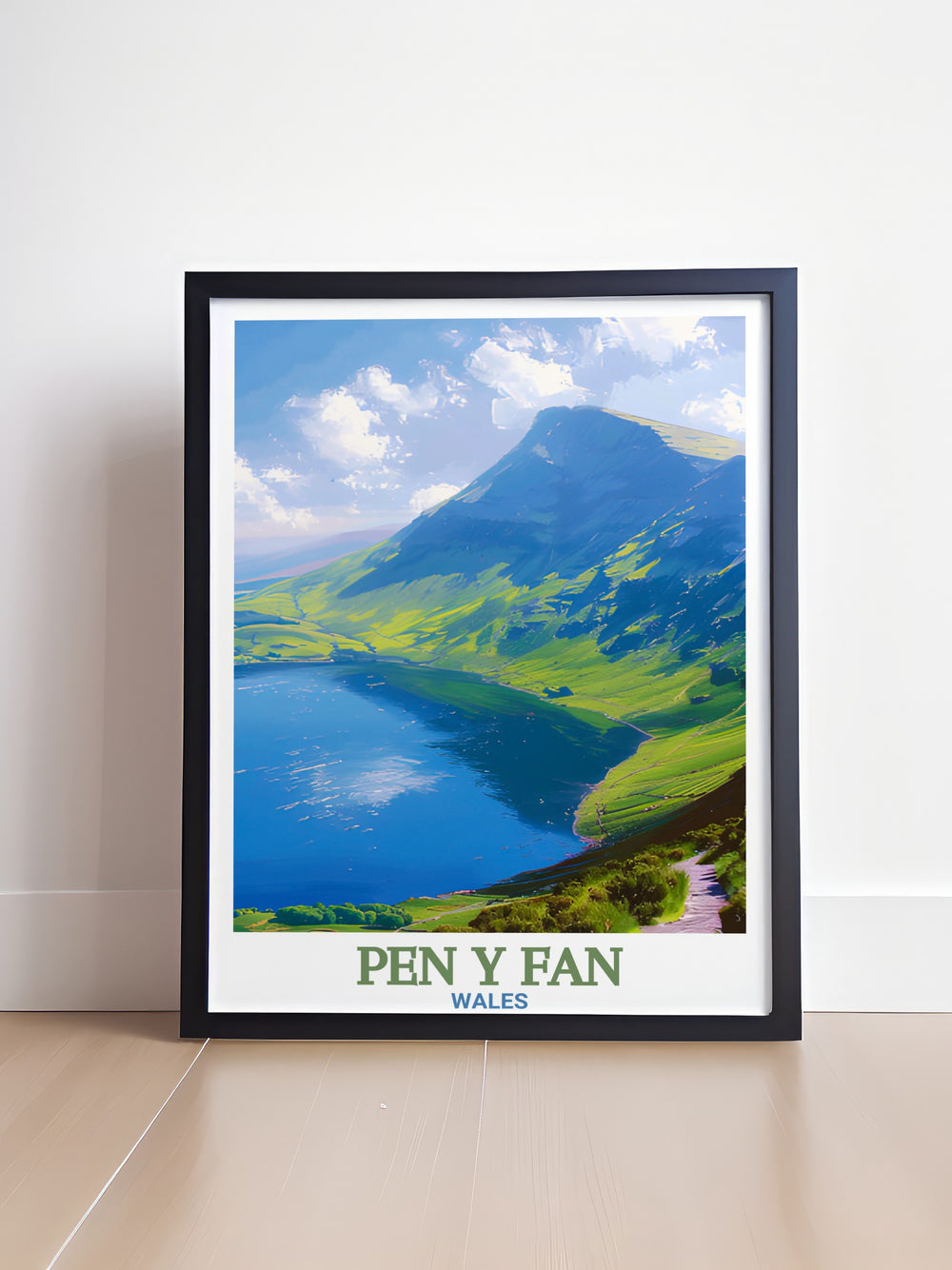 Pen y Fan Travel Poster highlighting the towering presence of this Welsh landmark alongside the calm waters of Llyn y Fan Fawr. This wall print is a stunning addition to any room, perfect for those who love nature and Welsh landscapes.