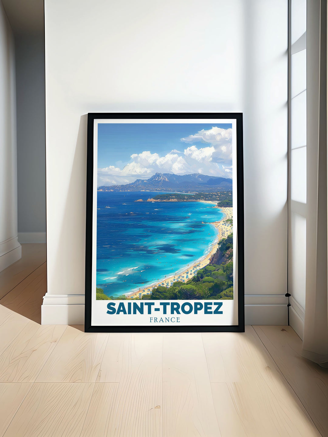 St Tropez poster featuring stunning French Riviera scenes with Pampelonne beach art perfect for adding a coastal vibe to any room decor. Elegant artwork for modern living rooms or home offices showcasing the beauty of Pampelonne beach and St Tropez travel art.