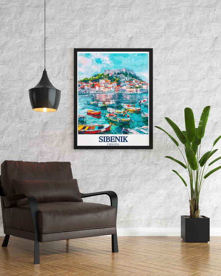 Celebrate the beauty of Croatias Dalmatian Coast with this travel poster of Sibeniks iconic landmarks—St. Michaels Fortress and Sibenik Harbor. This artwork is perfect for those looking to add a touch of Croatias historic charm to their home.