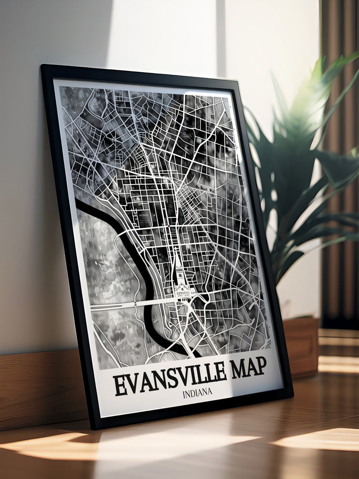 Our Ohio River travel print showcases the winding path of the river through Evansville, with a focus on the citys detailed streets and architectural landmarks. This canvas art offers a beautiful blend of geography and history, ideal for those with a love for Evansville.