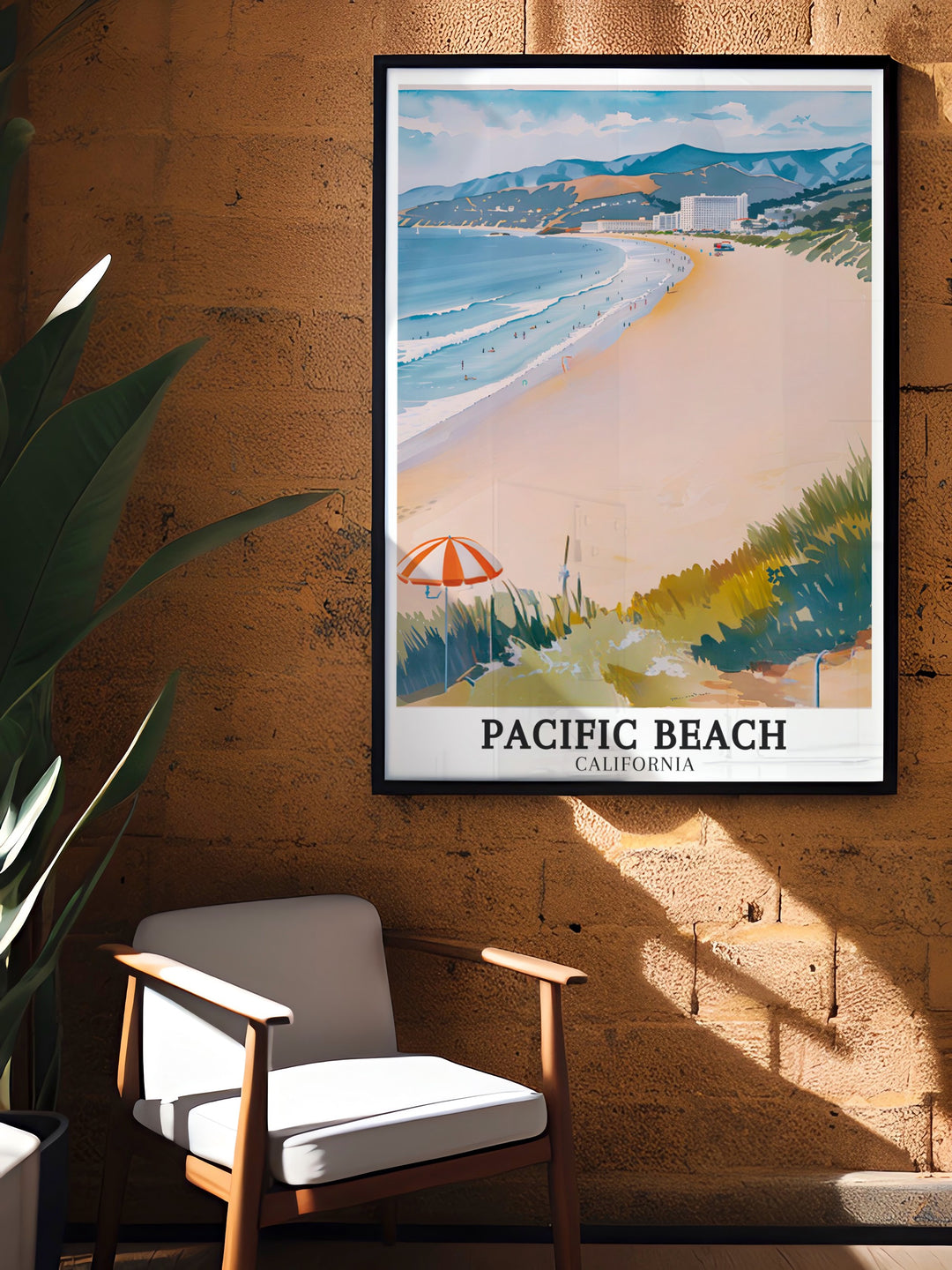 Capture the essence of California with this Pacific Beach travel print. Featuring the iconic Pacific Hotels and the crystal blue waters of San Diego, this artwork is a must have for any lover of coastal destinations.