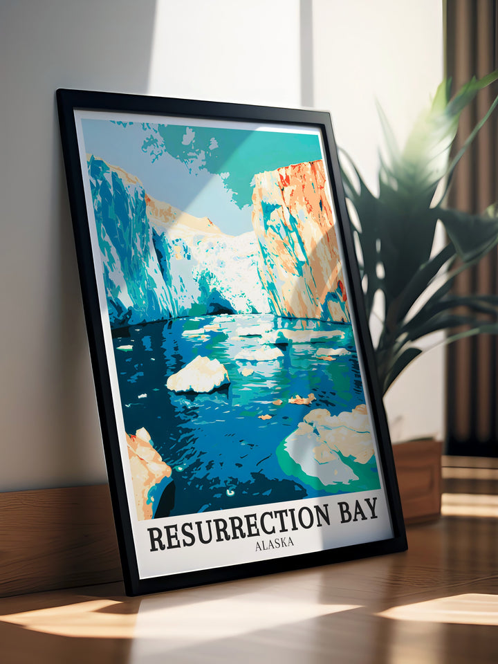 Capturing the rugged beauty of Resurrection Bay and Bear Glacier in Alaska, this travel print is ideal for nature lovers and adventure enthusiasts. The art print brings the icy grandeur of Bear Glacier Lagoon to life, offering a perfect wall decor piece for any space.