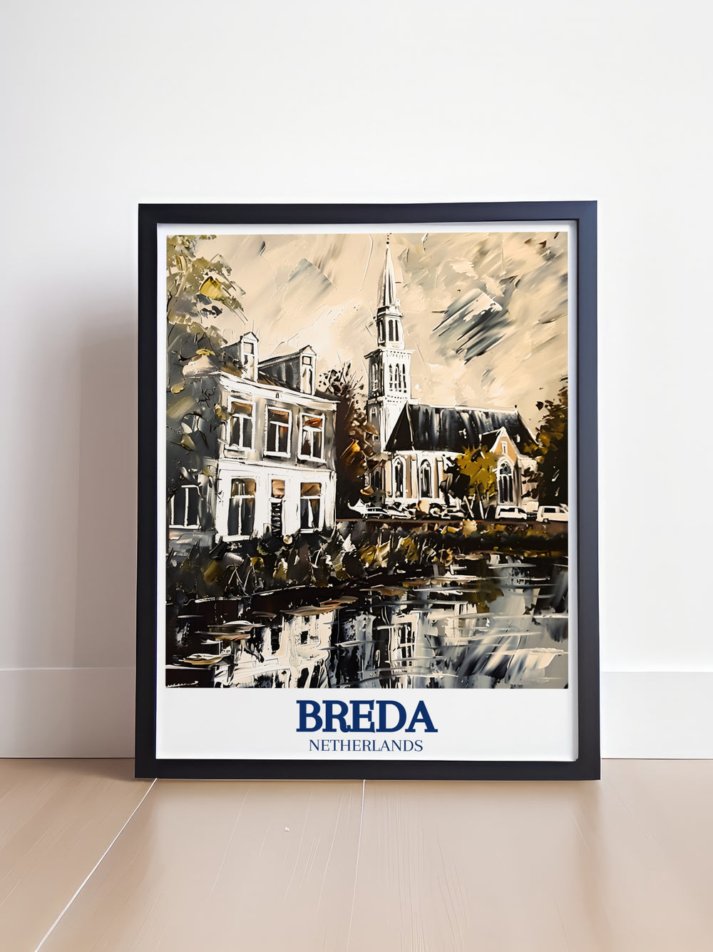 Featuring the iconic Kerkplein and Great Church in Breda this Netherlands art print brings the charm and beauty of Dutch architecture to life. Ideal for home or office decor the artwork adds a timeless and sophisticated touch to any space.