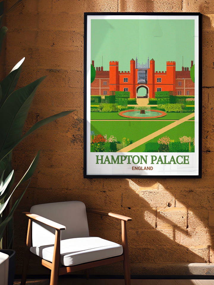 The Gardens wall art brings the serene beauty of Hampton Palaces gardens into your home. Featuring a vibrant palette of colors, this piece showcases the harmonious blend of nature and design found in one of Englands most famous gardens. The detailed illustration invites viewers to immerse themselves in the tranquil setting, making it an ideal addition to living rooms, bedrooms, or study areas seeking a calming atmosphere.